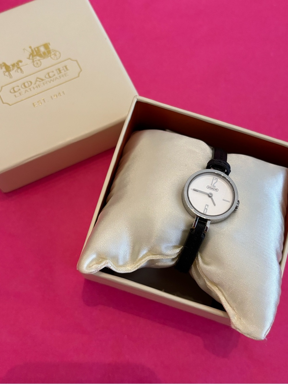 Coach Watch silver tone metal with black leather strap